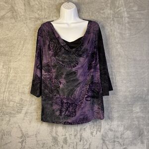 Cato Black Purple Women's Blouse 18/20W Velvet Burnout Fairy Dark Romantic